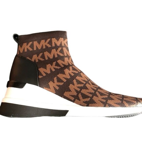 Michael Kors Skyler Logo Chocolate Stretch Knit Sock boots - Picture 1 of 6